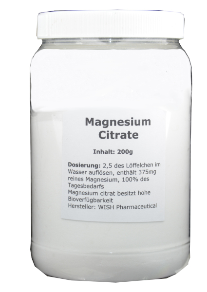 Magnesium citrate, 200g Wirkung: reduziert Stress, verhindert Arteriosklerose, stärkt Abwehrkräfte, günstig kaufen